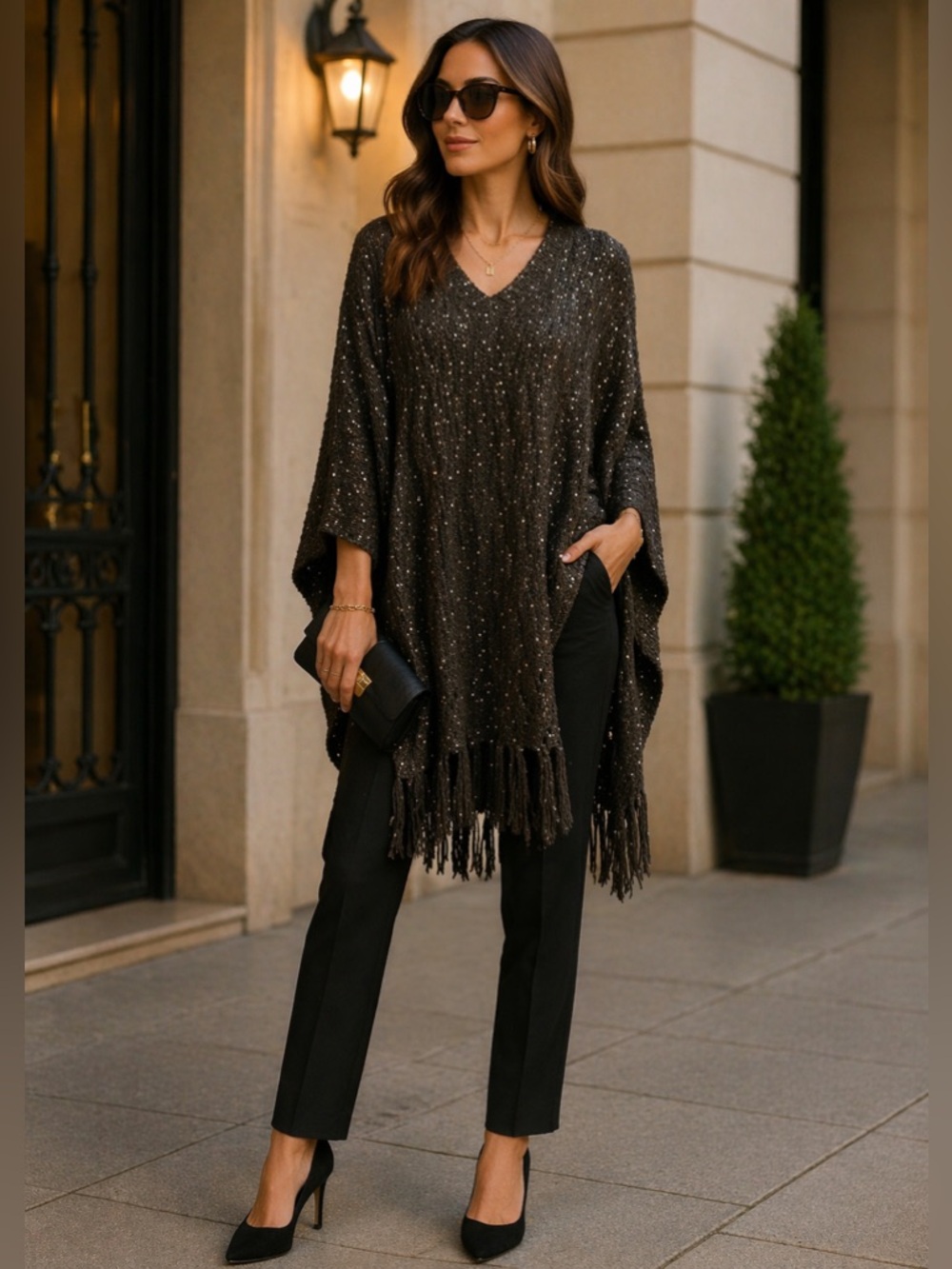 Boho Sequined Sweater Poncho